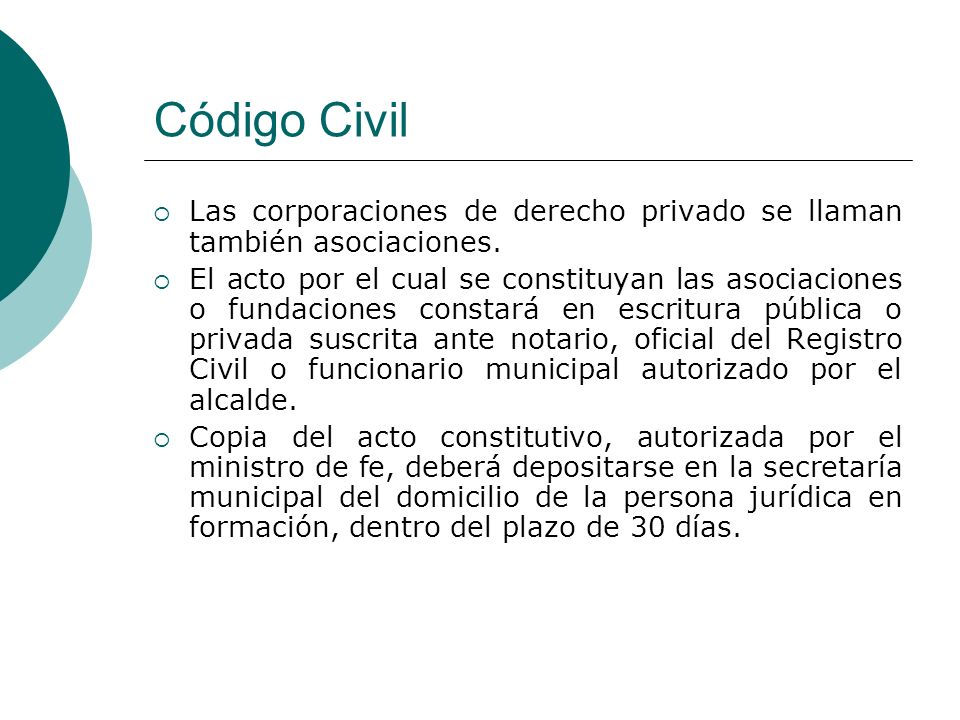 Código Civil Las corporaciones de derecho privado se llaman también asociaciones.