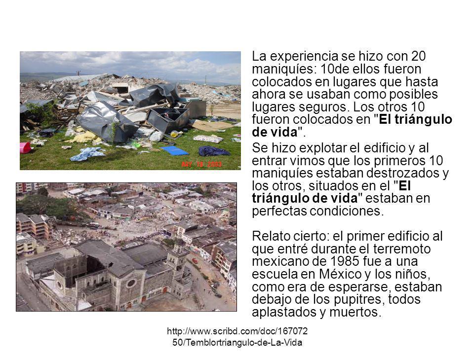 La experiencia se hizo con 20 maniquíes: 10de ellos fueron colocados en lugares que hasta ahora se usaban como posibles lugares seguros. Los otros 10 fueron colocados en El triángulo de vida .