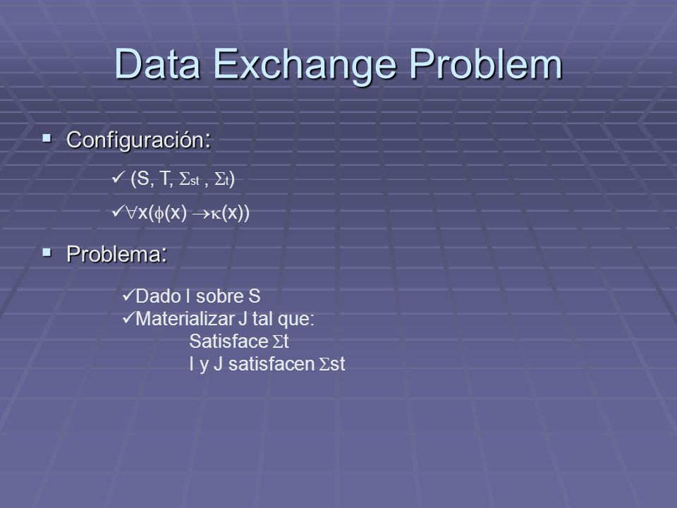 Data Exchange Problem Configuración: Problema: (S, T, st , t)