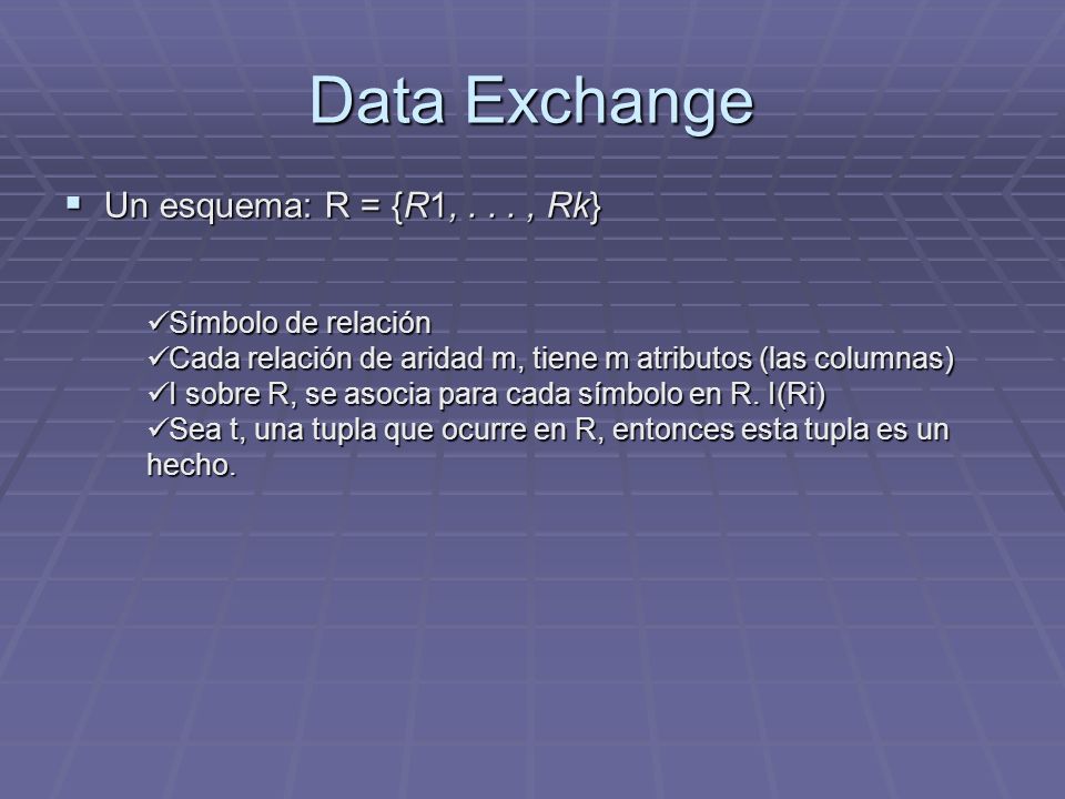 Data Exchange Un esquema: R = {R1, , Rk} Símbolo de relación