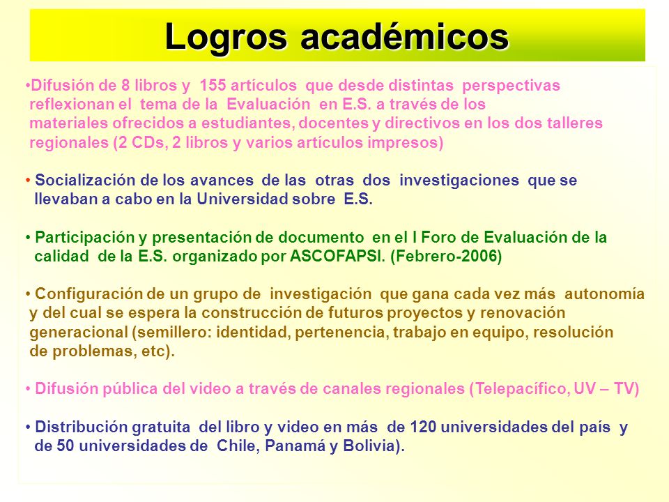 Logros académicos Difusión de 8 libros y 155 artículos que desde distintas perspectivas.