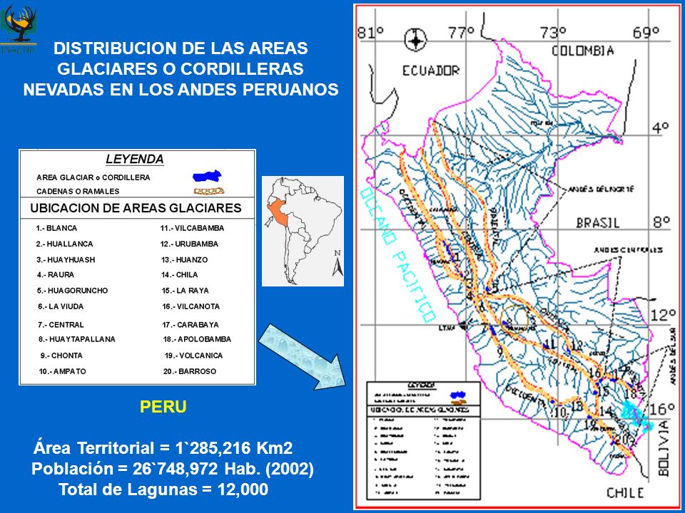 DISTRIBUCION DE LAS AREAS GLACIARES O CORDILLERAS NEVADAS EN LOS ANDES PERUANOS