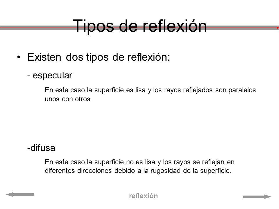 Tipos de reflexión - especular Existen dos tipos de reflexión: