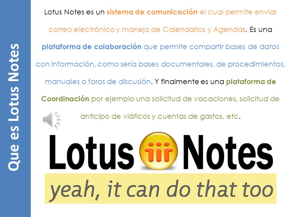 Lotus Notes es un sistema de comunicación el cual permite enviar correo electrónico y manejo de Calendarios y Agendas. Es una plataforma de colaboración que permite compartir bases de datos con información, como sería bases documentales, de procedimientos, manuales o foros de discusión. Y finalmente es una plataforma de Coordinación por ejemplo una solicitud de vacaciones, solicitud de anticipo de viáticos y cuentas de gastos, etc.