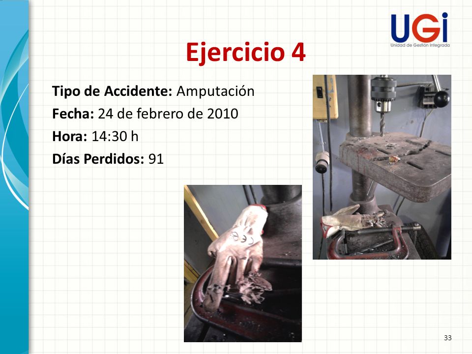 Ejercicio 4 Tipo de Accidente: Amputación Fecha: 24 de febrero de 2010 Hora: 14:30 h Días Perdidos: 91