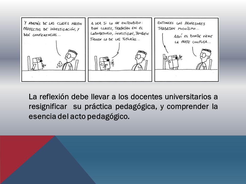 La reflexión debe llevar a los docentes universitarios a resignificar su práctica pedagógica, y comprender la esencia del acto pedagógico.