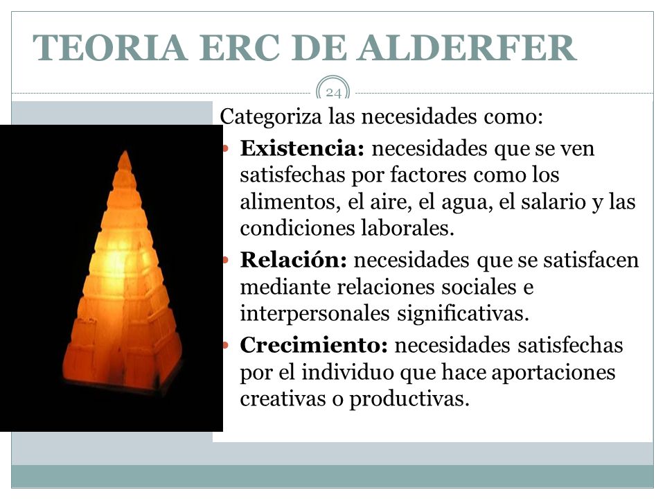 TEORIA ERC DE ALDERFER Categoriza las necesidades como: