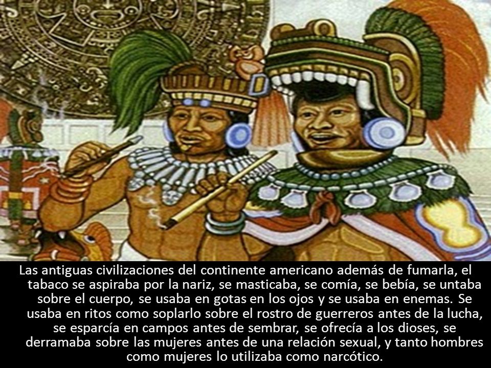 Las antiguas civilizaciones del continente americano además de fumarla, el tabaco se aspiraba por la nariz, se masticaba, se comía, se bebía, se untaba sobre el cuerpo, se usaba en gotas en los ojos y se usaba en enemas.