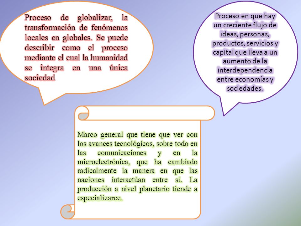 Proceso de globalizar, la transformación de fenómenos locales en globales. Se puede describir como el proceso mediante el cual la humanidad se integra en una única sociedad