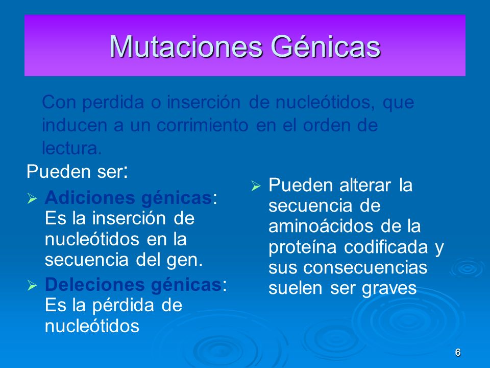 Mutaciones Génicas Con perdida o inserción de nucleótidos, que inducen a un corrimiento en el orden de lectura.