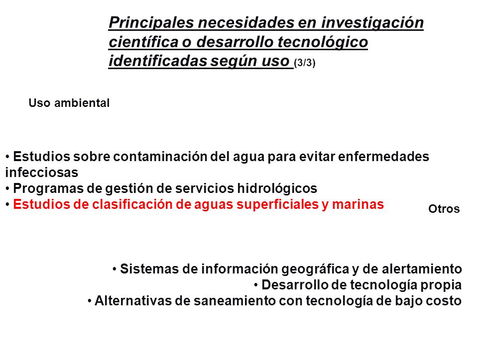 Principales necesidades en investigación científica o desarrollo tecnológico identificadas según uso (3/3)