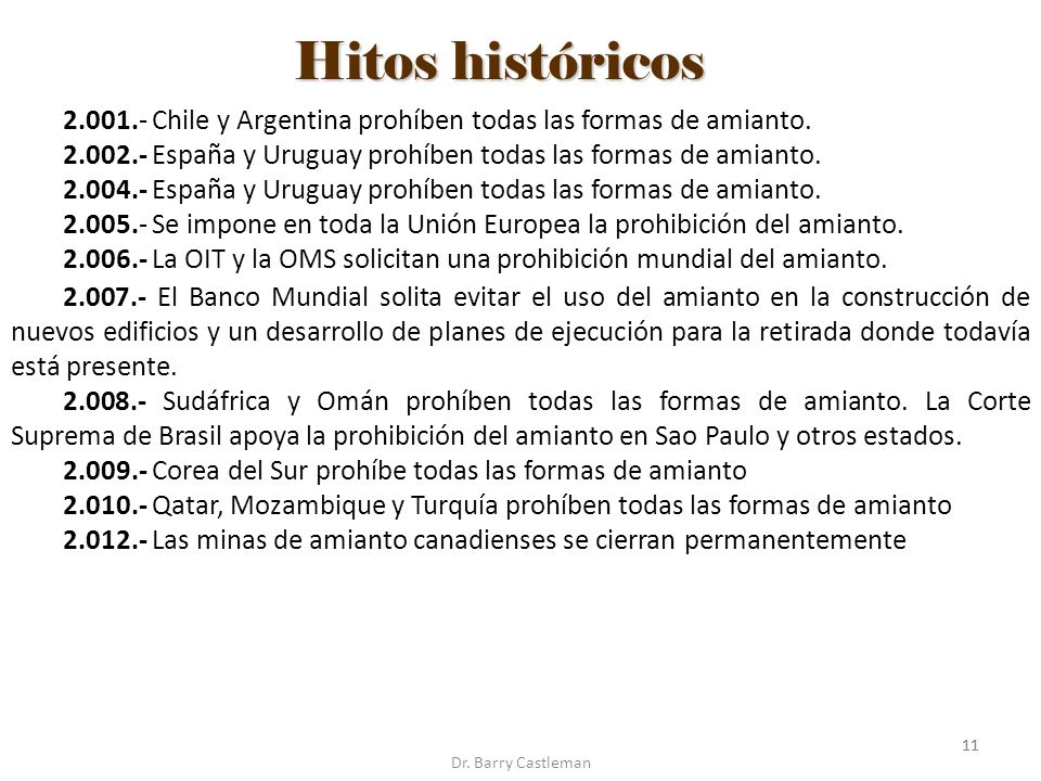 Hitos históricos Chile y Argentina prohíben todas las formas de amianto España y Uruguay prohíben todas las formas de amianto.