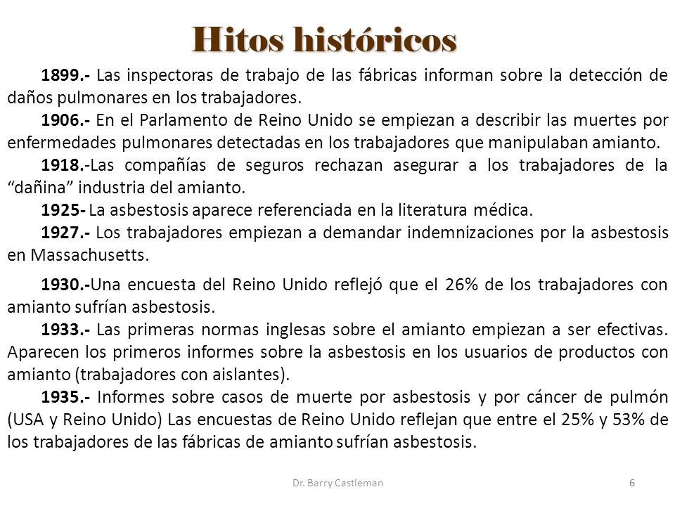 Hitos históricos Las inspectoras de trabajo de las fábricas informan sobre la detección de daños pulmonares en los trabajadores.