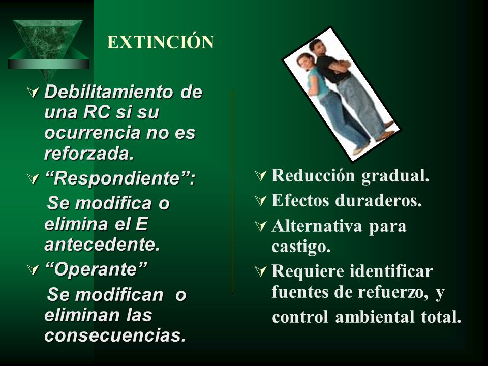 EXTINCIÓN Debilitamiento de una RC si su ocurrencia no es reforzada. Respondiente : Se modifica o elimina el E antecedente.