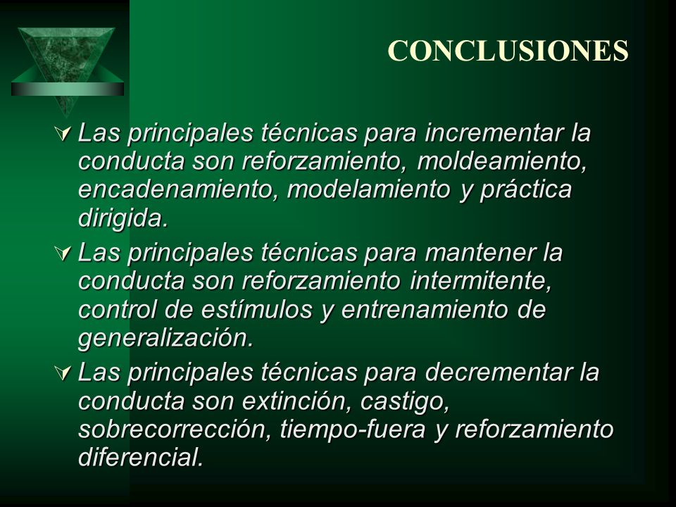 CONCLUSIONES Las principales técnicas para incrementar la conducta son reforzamiento, moldeamiento, encadenamiento, modelamiento y práctica dirigida.