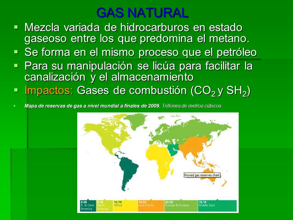 GAS NATURAL Mezcla variada de hidrocarburos en estado gaseoso entre los que predomina el metano. Se forma en el mismo proceso que el petróleo.