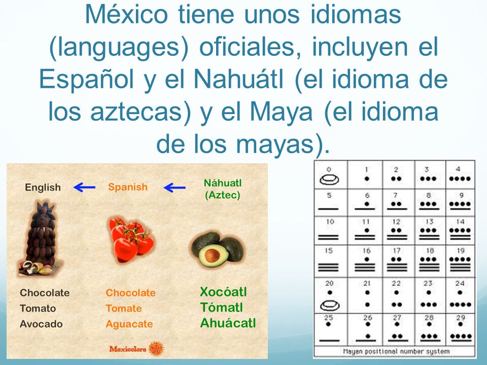 México tiene unos idiomas (languages) oficiales, incluyen el Español y el Nahuátl (el idioma de los aztecas) y el Maya (el idioma de los mayas).