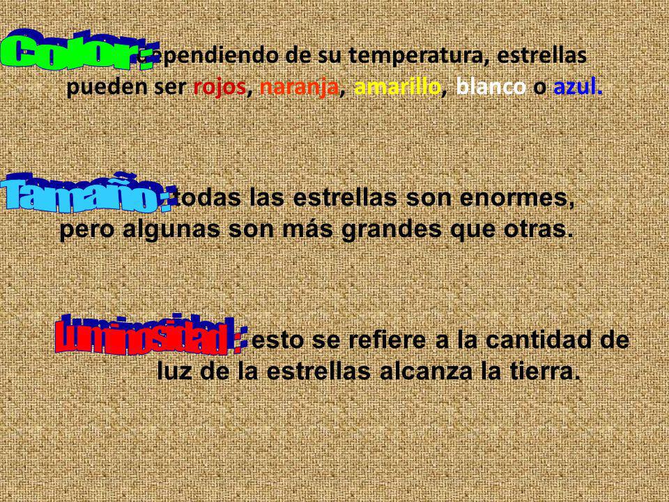 Color : dependiendo de su temperatura, estrellas pueden ser rojos, naranja, amarillo, blanco o azul.