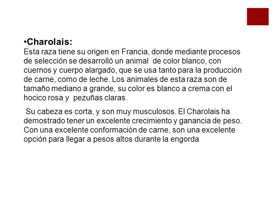 Charolais: Esta raza tiene su origen en Francia, donde mediante procesos de selección se desarrolló un animal de color blanco, con cuernos y cuerpo alargado, que se usa tanto para la producción de carne, como de leche. Los animales de esta raza son de tamaño mediano a grande, su color es blanco a crema con el hocico rosa y pezuñas claras.