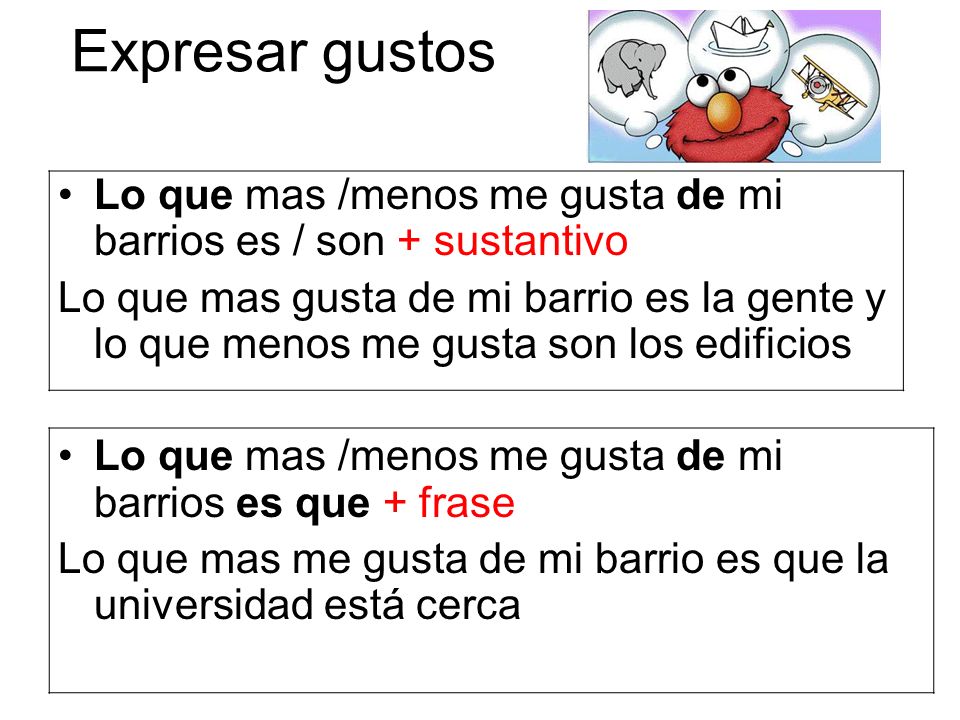 Expresar gustos Lo que mas /menos me gusta de mi barrios es / son + sustantivo.