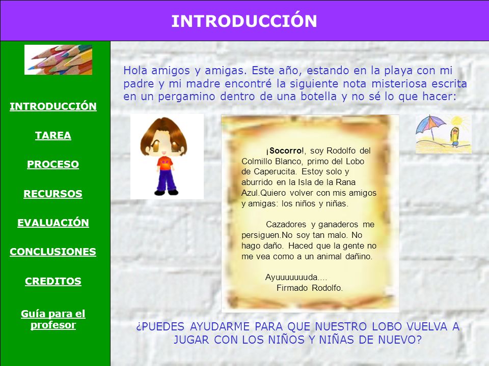 INTRODUCCIÓN TAREA. PROCESO. RECURSOS. EVALUACIÓN. CONCLUSIONES. CREDITOS. Guía para el profesor.