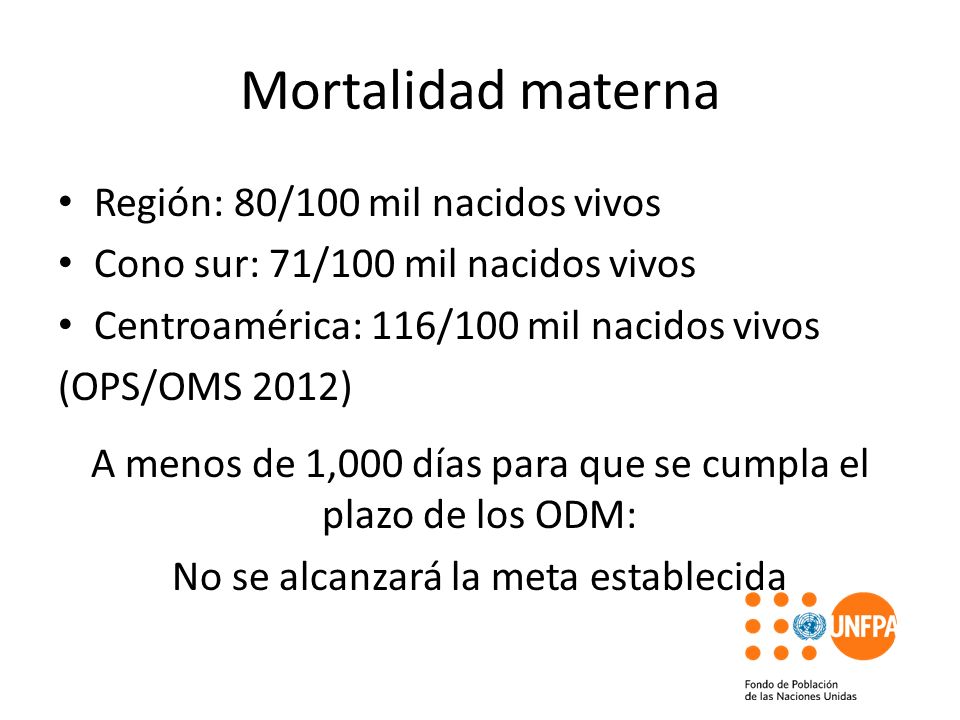 Mortalidad materna Región: 80/100 mil nacidos vivos