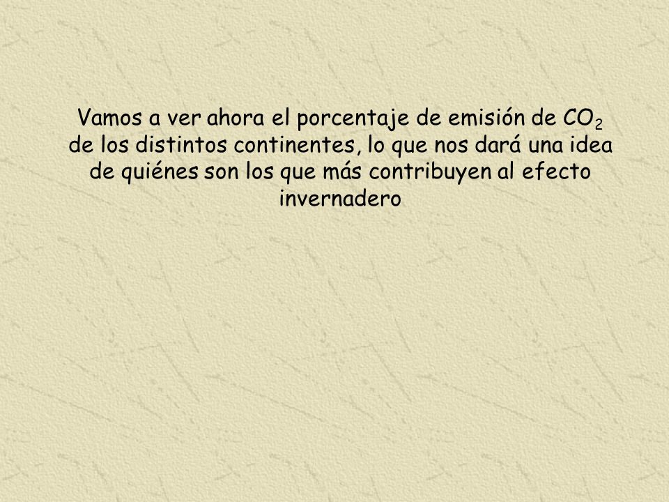 Vamos a ver ahora el porcentaje de emisión de CO2 de los distintos continentes, lo que nos dará una idea de quiénes son los que más contribuyen al efecto invernadero
