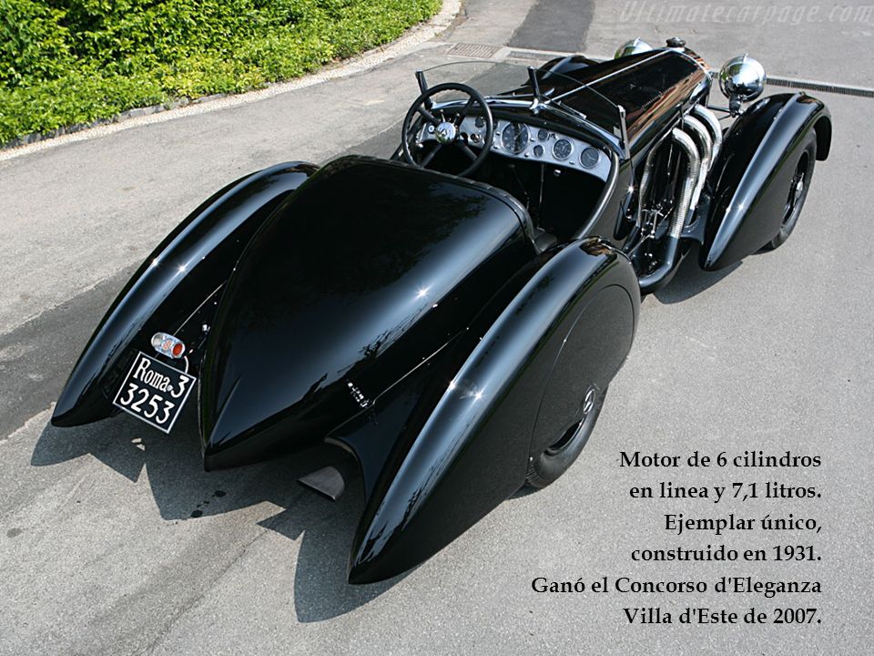 Motor de 6 cilindros en linea y 7,1 litros. Ejemplar único, construido en Ganó el Concorso d Eleganza.