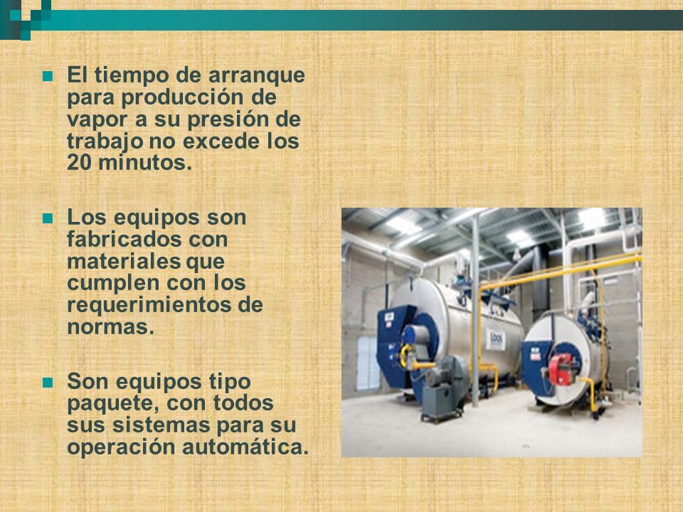 El tiempo de arranque para producción de vapor a su presión de trabajo no excede los 20 minutos.