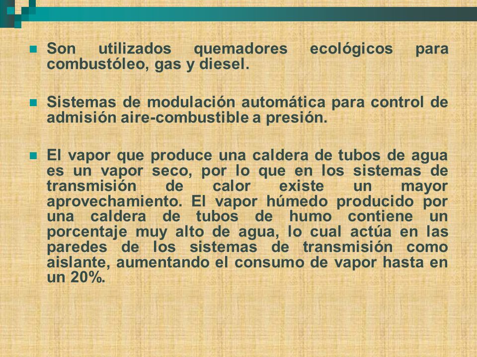 Son utilizados quemadores ecológicos para combustóleo, gas y diesel.