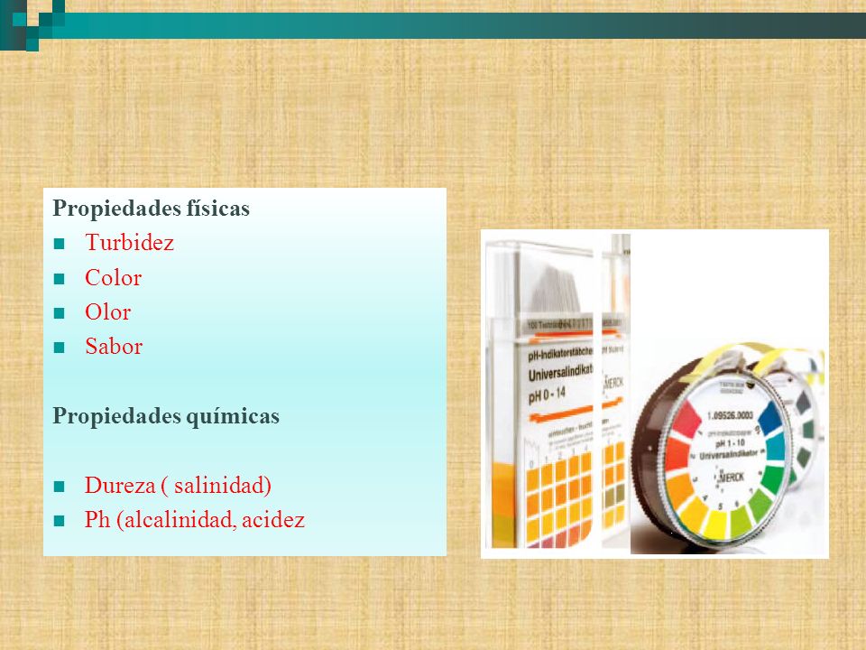 Propiedades físicas Turbidez. Color. Olor. Sabor.