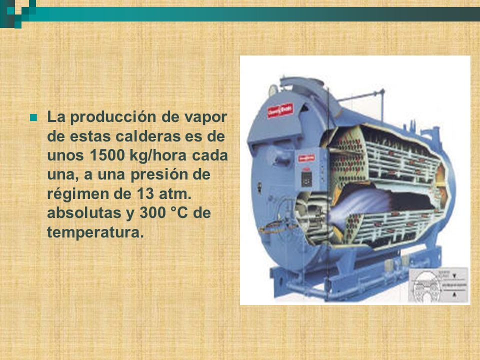 La producción de vapor de estas calderas es de unos 1500 kg/hora cada una, a una presión de régimen de 13 atm.