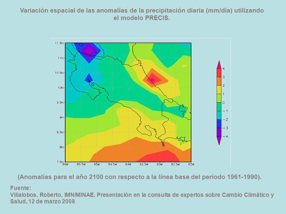 Variación espacial de las anomalías de la precipitación diaria (mm/día) utilizando el modelo PRECIS.