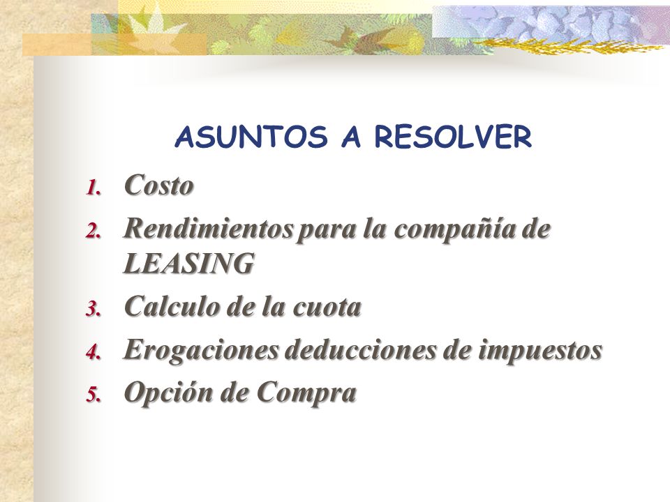 ASUNTOS A RESOLVER Costo. Rendimientos para la compañía de LEASING. Calculo de la cuota. Erogaciones deducciones de impuestos.
