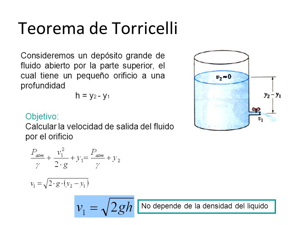 Teorema de Torricelli Consideremos un depósito grande de fluido abierto por la parte superior, el cual tiene un pequeño orificio a una profundidad.