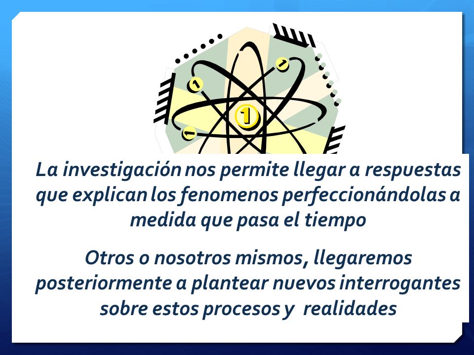 La investigación nos permite llegar a respuestas que explican los fenomenos perfeccionándolas a medida que pasa el tiempo