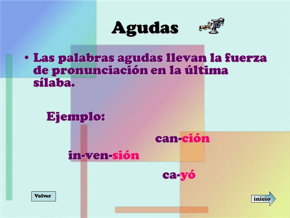 Agudas Las palabras agudas llevan la fuerza de pronunciación en la última sílaba. Ejemplo: can-ción.