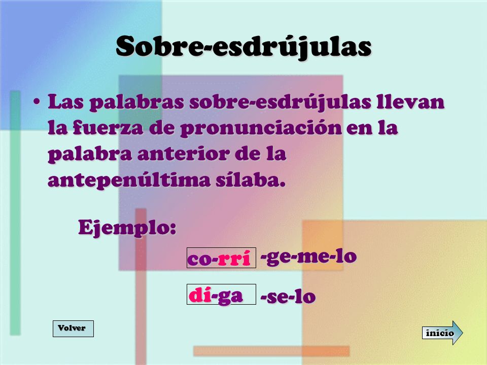 Sobre-esdrújulas Las palabras sobre-esdrújulas llevan la fuerza de pronunciación en la palabra anterior de la antepenúltima sílaba.