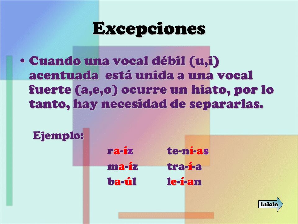 Excepciones Cuando una vocal débil (u,i) acentuada está unida a una vocal fuerte (a,e,o) ocurre un hiato, por lo tanto, hay necesidad de separarlas.