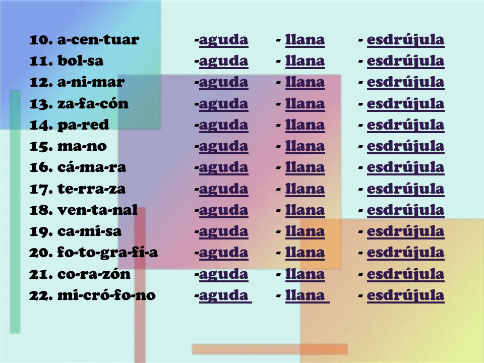 a-cen-tuar bol-sa. a-ni-mar. za-fa-cón. pa-red. ma-no. cá-ma-ra. te-rra-za. ven-ta-nal. ca-mi-sa.