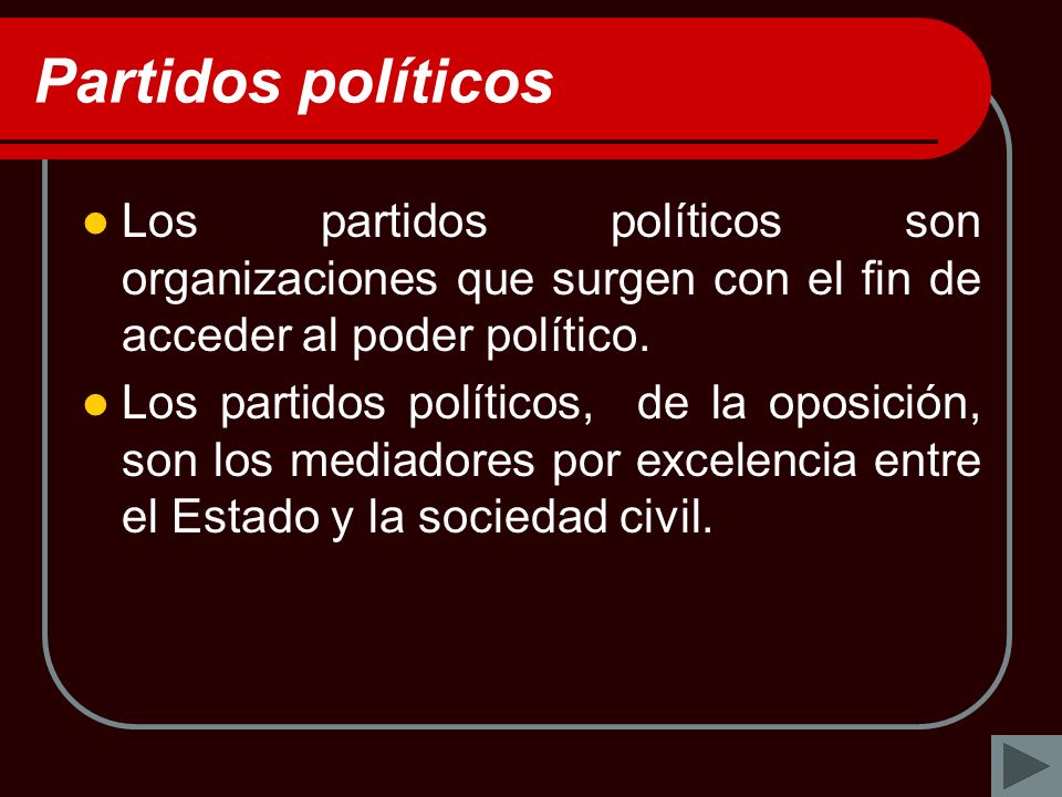Partidos políticos Los partidos políticos son organizaciones que surgen con el fin de acceder al poder político.