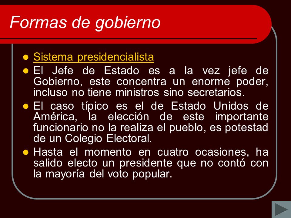 Formas de gobierno Sistema presidencialista