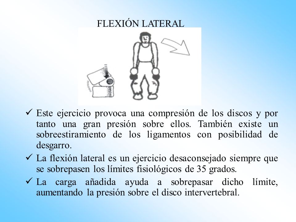 Este ejercicio provoca una compresión de los discos y por tanto una gran presión sobre ellos. También existe un sobreestiramiento de los ligamentos con posibilidad de desgarro.