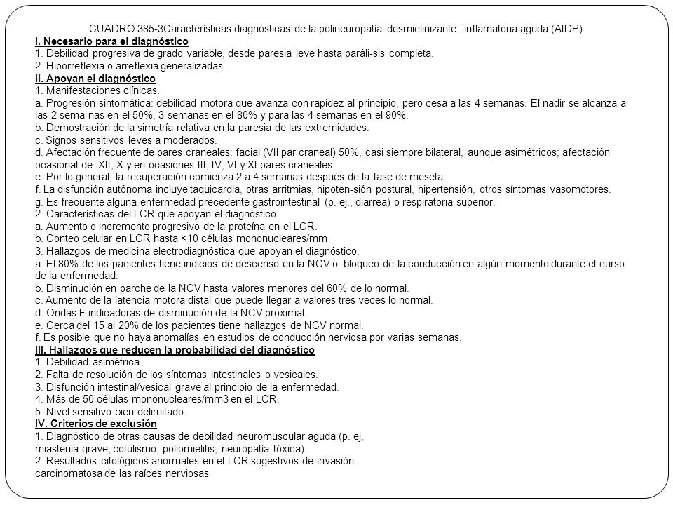 CUADRO 385-3Características diagnósticas de la polineuropatía desmielinizante inflamatoria aguda (AIDP)