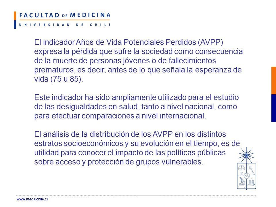 El indicador Años de Vida Potenciales Perdidos (AVPP) expresa la pérdida que sufre la sociedad como consecuencia de la muerte de personas jóvenes o de fallecimientos prematuros, es decir, antes de lo que señala la esperanza de vida (75 u 85).