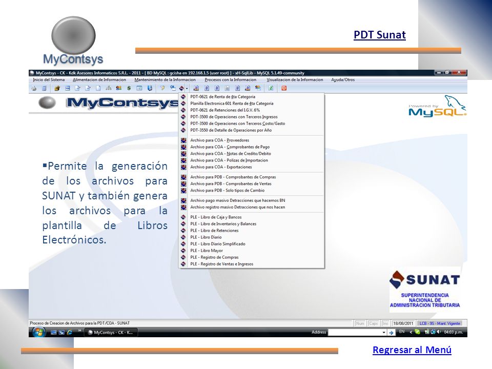 MyContsys PDT Sunat. Permite la generación de los archivos para SUNAT y también genera los archivos para la plantilla de Libros Electrónicos.