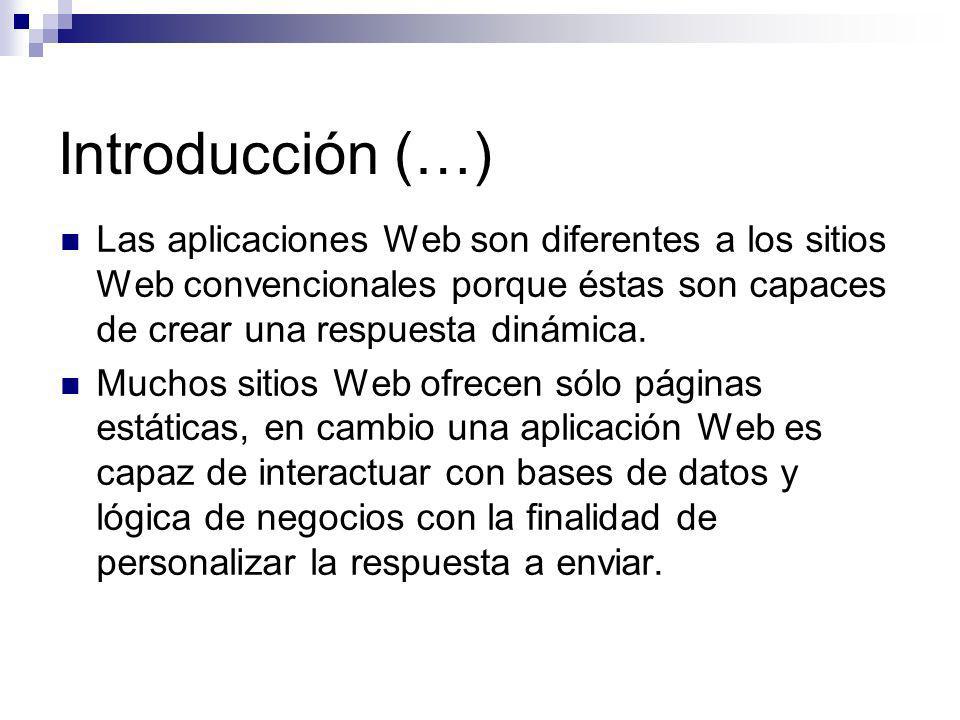 Introducción (…) Las aplicaciones Web son diferentes a los sitios Web convencionales porque éstas son capaces de crear una respuesta dinámica.
