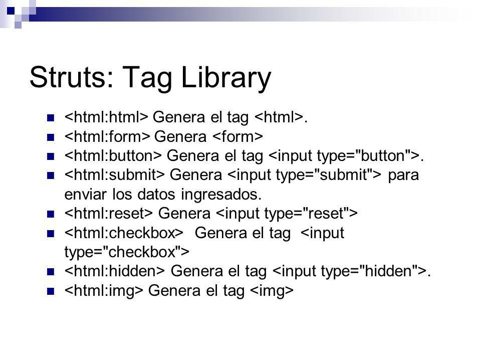 Struts: Tag Library <html:html> Genera el tag <html>.