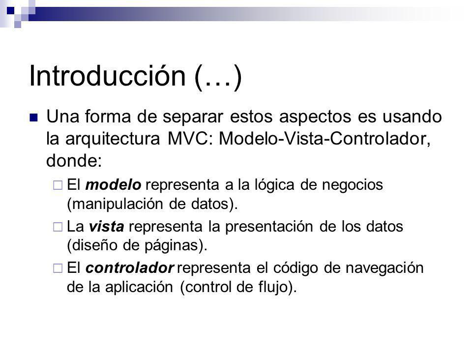 Introducción (…) Una forma de separar estos aspectos es usando la arquitectura MVC: Modelo-Vista-Controlador, donde: