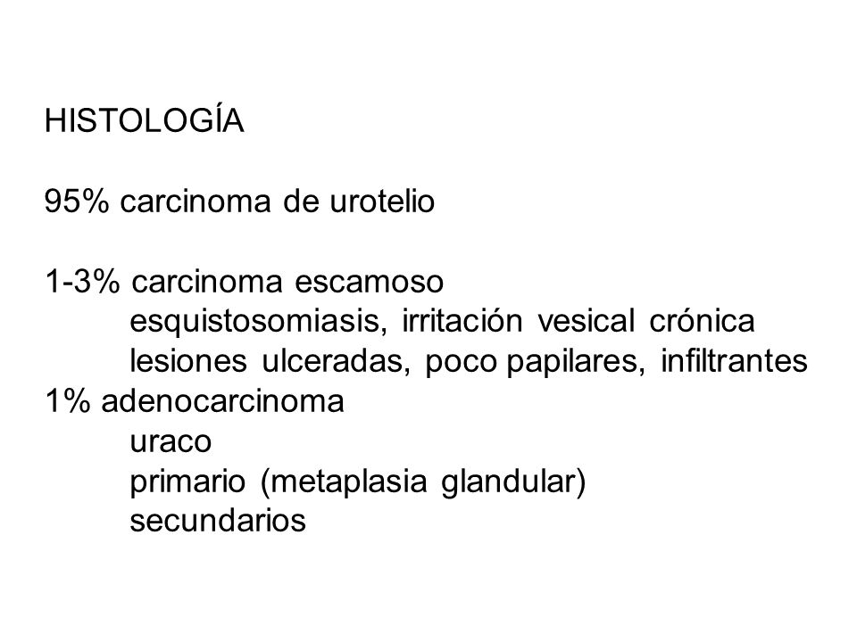 HISTOLOGÍA 95% carcinoma de urotelio. 1-3% carcinoma escamoso. esquistosomiasis, irritación vesical crónica.